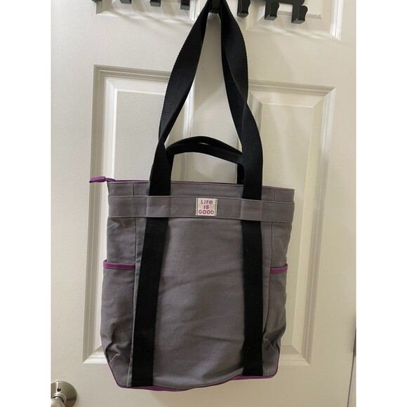 Life Is Good Handbags - New Life Is Good tote bag Canvas Purple/Gray Tote W/Flower Motif 14x15 Inches